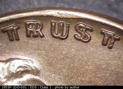Die-stage A marker on 1955P•1DO•001 (1955 Doubled Die Obverse).