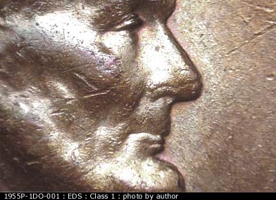 Die-stage A marker on 1955P•1DO•001 (1955 Doubled Die Obverse).