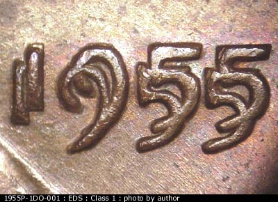 Die-stage A marker on 1955P•1DO•001 (1955 Doubled Die Obverse).