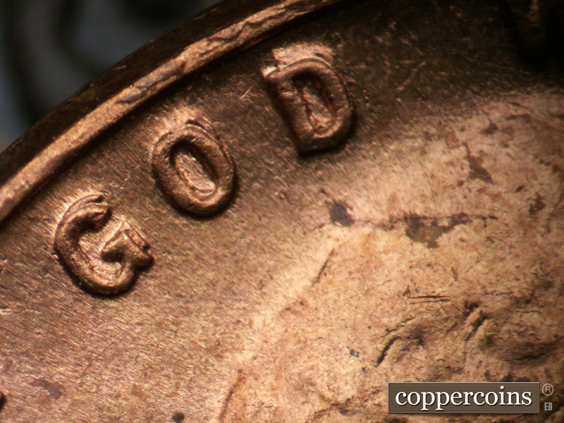 Die-stage B marker on 1955P•1DO•002 (1955 Doubled Die Obverse).