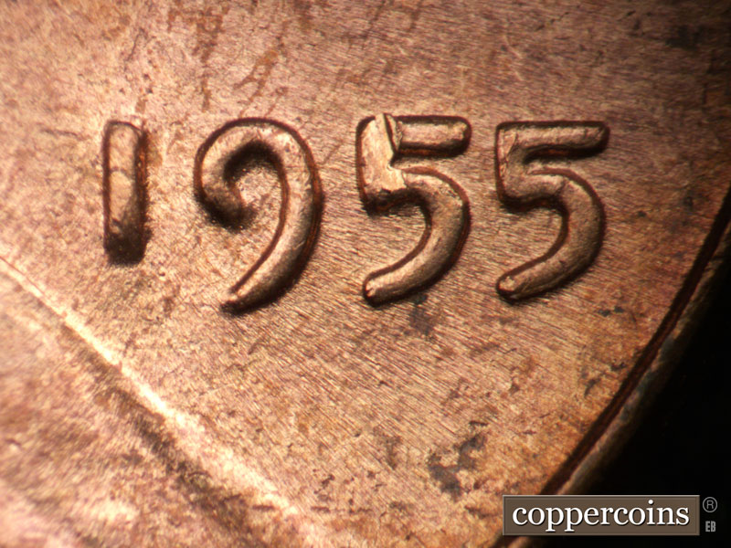 Die-stage B marker on 1955P•1DO•002 (1955 Doubled Die Obverse).