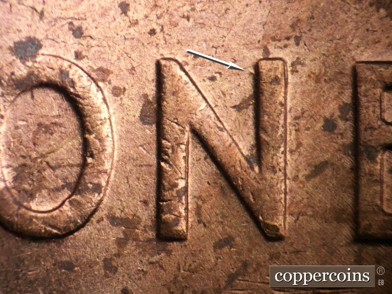 Die-stage B marker on 1955P•1DO•002 (1955 Doubled Die Obverse).