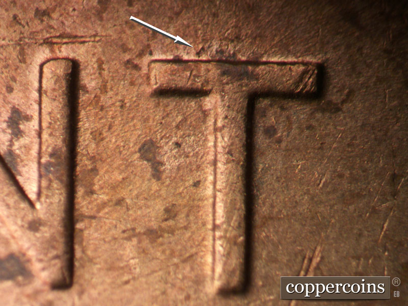 Die-stage B marker on 1955P•1DO•002 (1955 Doubled Die Obverse).