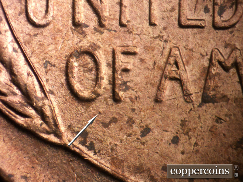 Die-stage B marker on 1955P•1DO•002 (1955 Doubled Die Obverse).