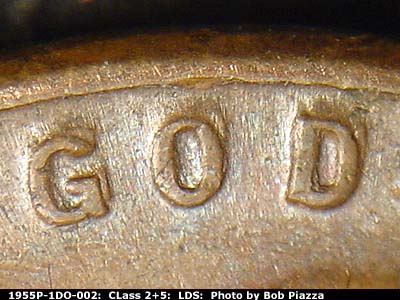 Die-stage C marker on 1955P•1DO•002 (1955 Doubled Die Obverse).
