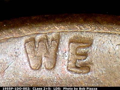 Die-stage C marker on 1955P•1DO•002 (1955 Doubled Die Obverse).