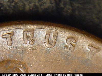 Die-stage C marker on 1955P•1DO•002 (1955 Doubled Die Obverse).