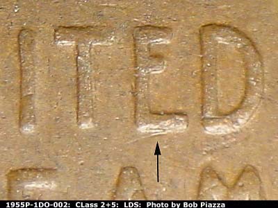 Die-stage C marker on 1955P•1DO•002 (1955 Doubled Die Obverse).