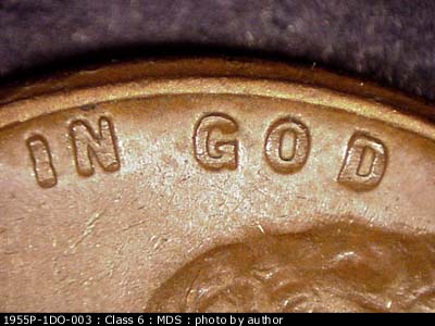 Die-stage B marker on 1955P•1DO•003 (1955 Doubled Die Obverse).