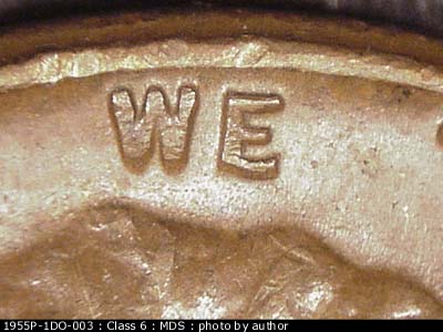 Die-stage B marker on 1955P•1DO•003 (1955 Doubled Die Obverse).