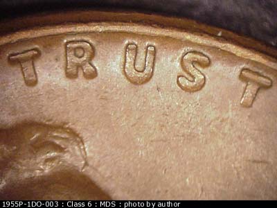 Die-stage B marker on 1955P•1DO•003 (1955 Doubled Die Obverse).