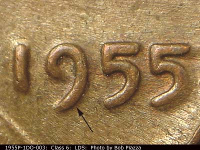 Die-stage C marker on 1955P•1DO•003 (1955 Doubled Die Obverse).