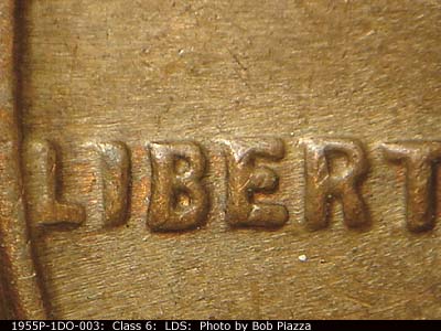 Die-stage C marker on 1955P•1DO•003 (1955 Doubled Die Obverse).