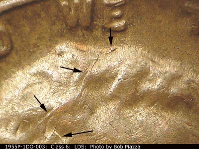 Die-stage C marker on 1955P•1DO•003 (1955 Doubled Die Obverse).