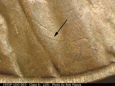 Die-stage C marker on 1955P•1DO•003 (1955 Doubled Die Obverse).