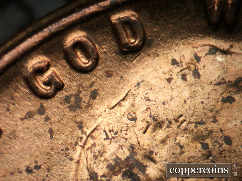 Die-stage C marker on 1955P•1DO•004 (1955 Doubled Die Obverse).