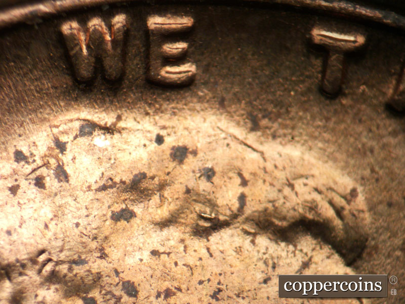 Die-stage C marker on 1955P•1DO•004 (1955 Doubled Die Obverse).