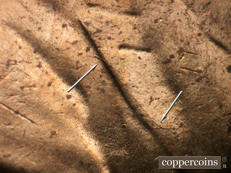 Die-stage C marker on 1955P•1DO•004 (1955 Doubled Die Obverse).