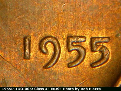 Die-stage B marker on 1955P•1DO•005 (1955 Doubled Die Obverse).