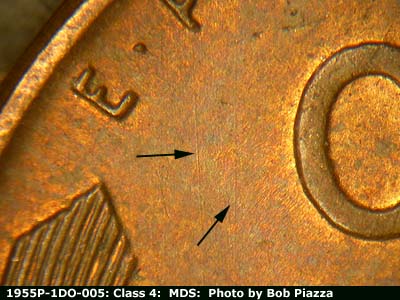 Die-stage B marker on 1955P•1DO•005 (1955 Doubled Die Obverse).