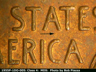 Die-stage B marker on 1955P•1DO•005 (1955 Doubled Die Obverse).