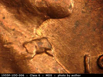 Die-stage B marker on 1955P•1DO•006 (1955 Doubled Die Obverse).