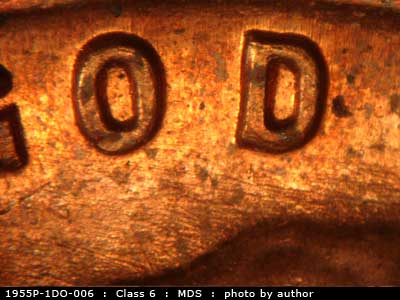 Die-stage B marker on 1955P•1DO•006 (1955 Doubled Die Obverse).