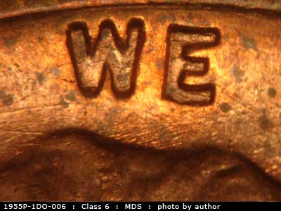 Die-stage B marker on 1955P•1DO•006 (1955 Doubled Die Obverse).