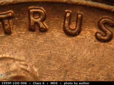 Die-stage B marker on 1955P•1DO•006 (1955 Doubled Die Obverse).