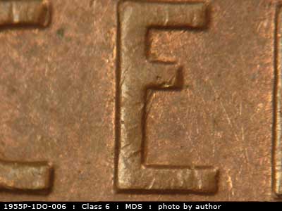 Die-stage B marker on 1955P•1DO•006 (1955 Doubled Die Obverse).