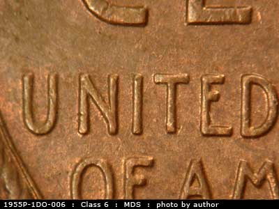 Die-stage B marker on 1955P•1DO•006 (1955 Doubled Die Obverse).