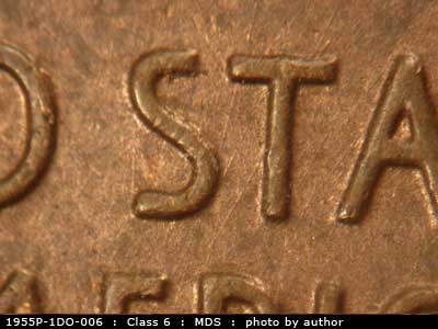Die-stage B marker on 1955P•1DO•006 (1955 Doubled Die Obverse).