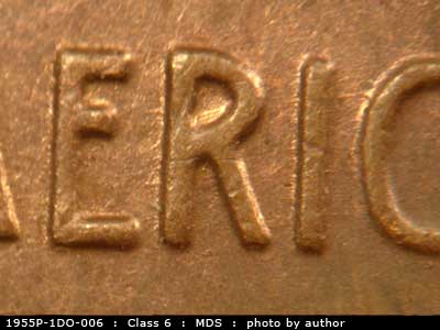 Die-stage B marker on 1955P•1DO•006 (1955 Doubled Die Obverse).