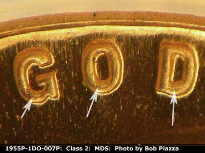 Die-stage B marker on 1955P•1DO•007P showing Separation shows in the word God.