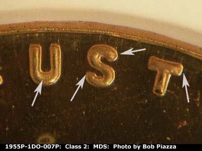 Die-stage B marker on 1955P•1DO•007P showing Arrows continued to point to the doubling in the word trust.