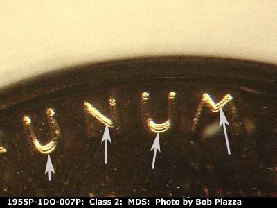 Die-stage B marker on 1955P•1DO•007P showing Very nice doubling shows in E Pluribus Unum.