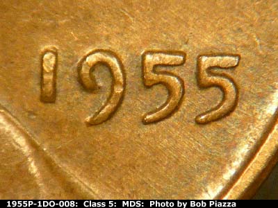 Die-stage B marker on 1955P•1DO•008 (1955 Doubled Die Obverse).