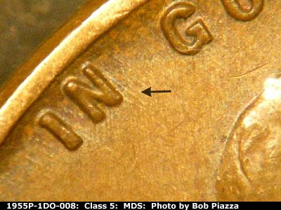 Die-stage B marker on 1955P•1DO•008 (1955 Doubled Die Obverse).