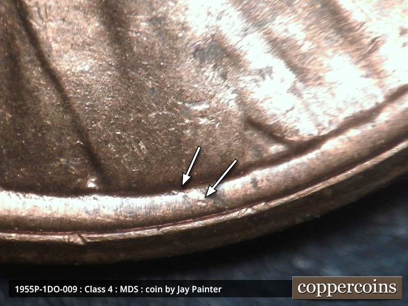 Die-stage B marker on 1955P•1DO•009 (1955 Doubled Die Obverse).