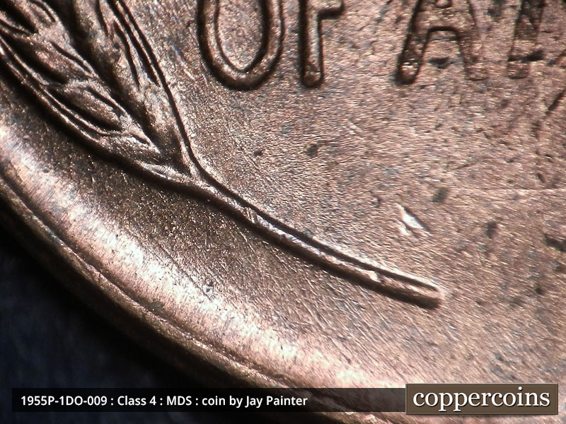 Die-stage B marker on 1955P•1DO•009 (1955 Doubled Die Obverse).