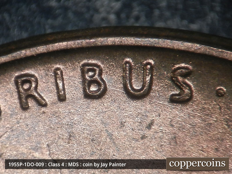 Die-stage B marker on 1955P•1DO•009 (1955 Doubled Die Obverse).