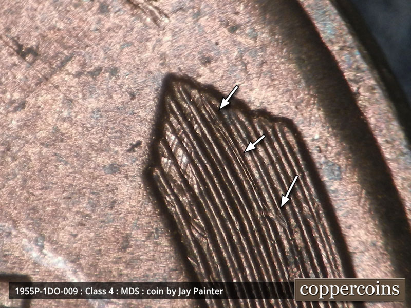 Die-stage B marker on 1955P•1DO•009 (1955 Doubled Die Obverse).