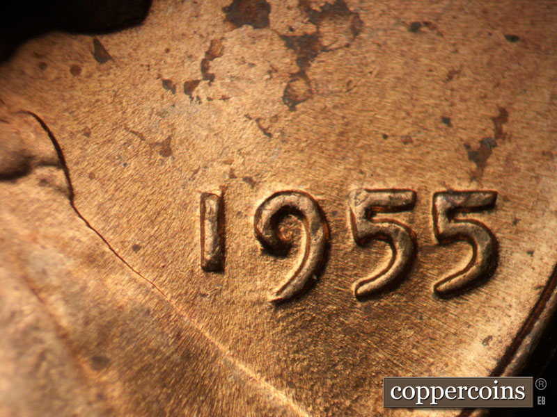 Die-stage B marker on 1955P•1DO•010 (1955 Doubled Die Obverse).