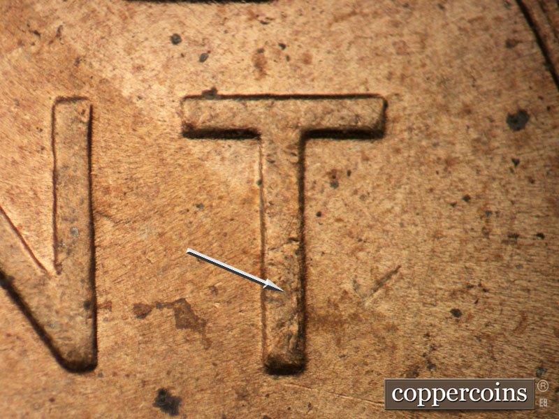 Die-stage B marker on 1955P•1DO•010 (1955 Doubled Die Obverse).