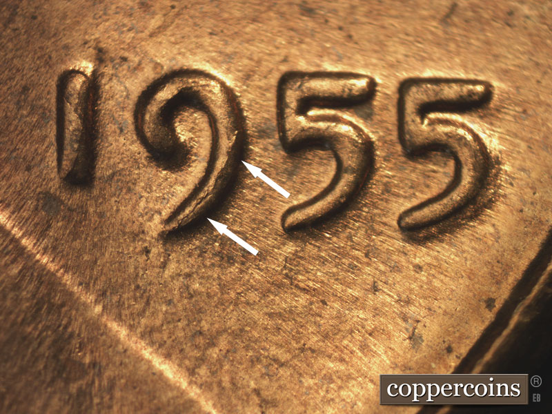 Die-stage C marker on 1955P•1DO•010 (1955 Doubled Die Obverse).