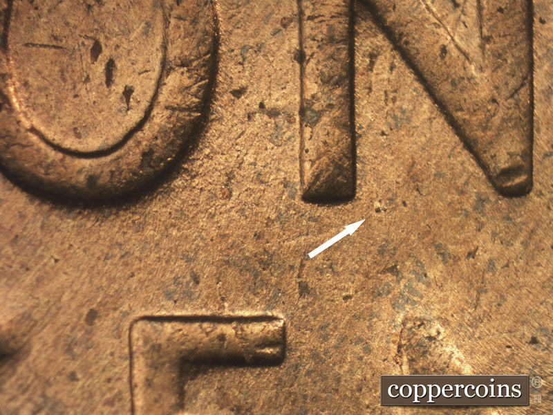 Die-stage C marker on 1955P•1DO•010 (1955 Doubled Die Obverse).