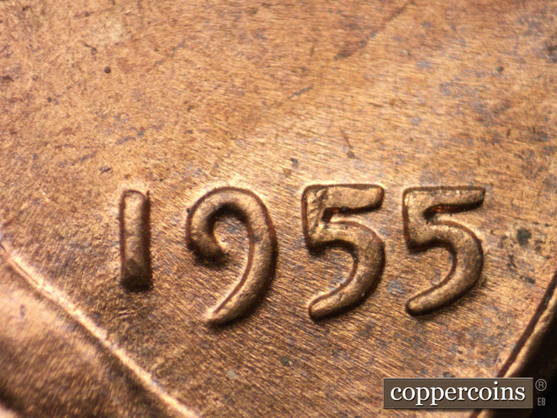 1955 Lincoln cent obverse, CopperCoins die 1955P•1DO•011.