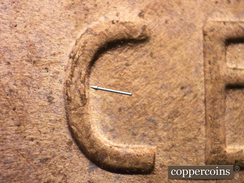 Die-stage B marker on 1955P•1DO•011 (1955 Doubled Die Obverse).