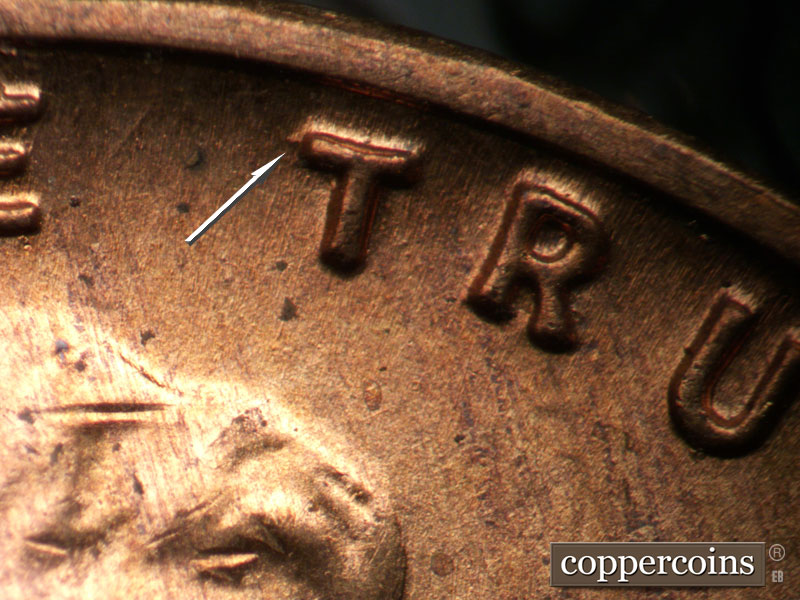 Die-stage A marker on 1955P•1DO•012 (1955 Doubled Die Obverse).