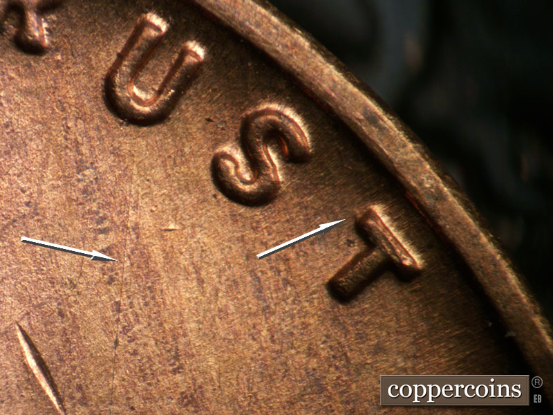 Die-stage A marker on 1955P•1DO•012 (1955 Doubled Die Obverse).